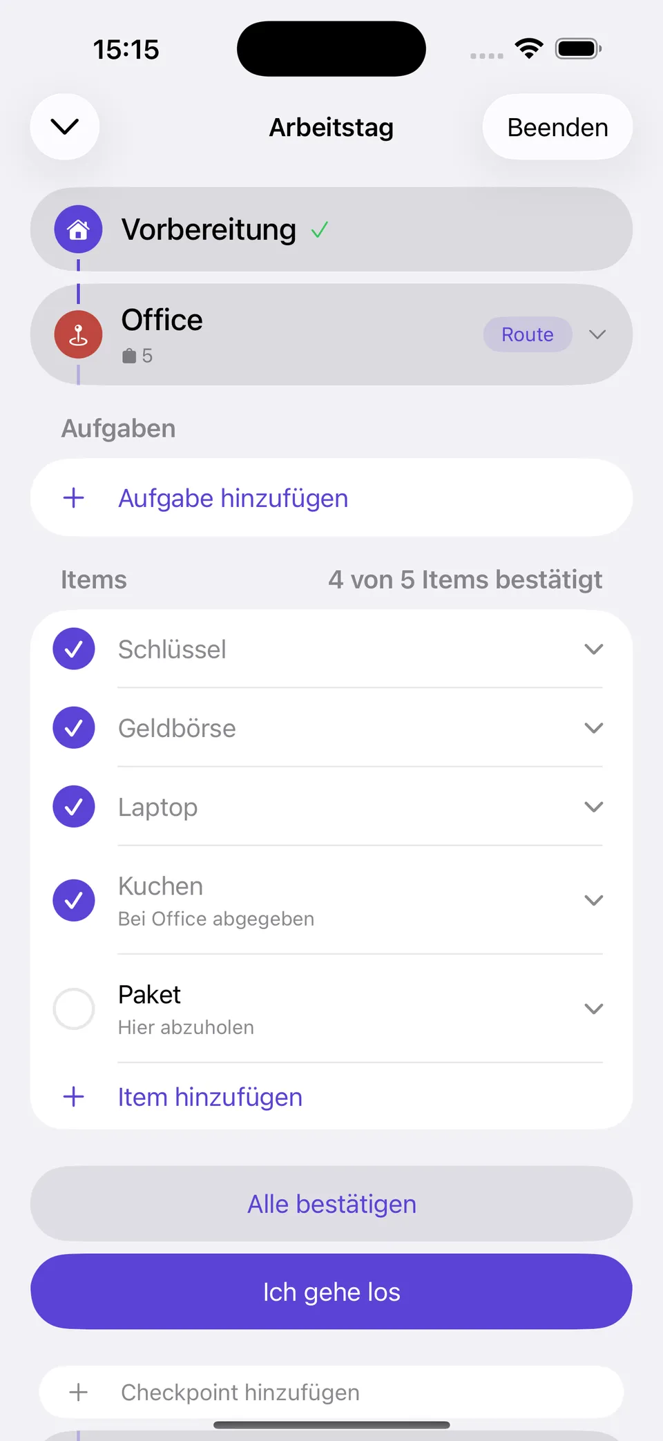 Yoyo auf dem iPhone im Office vor dem Heimweg: vier von fünf Items bestätigt, der Kuchen hier abgegeben, und das Paket, das hier noch abzuholen ist.