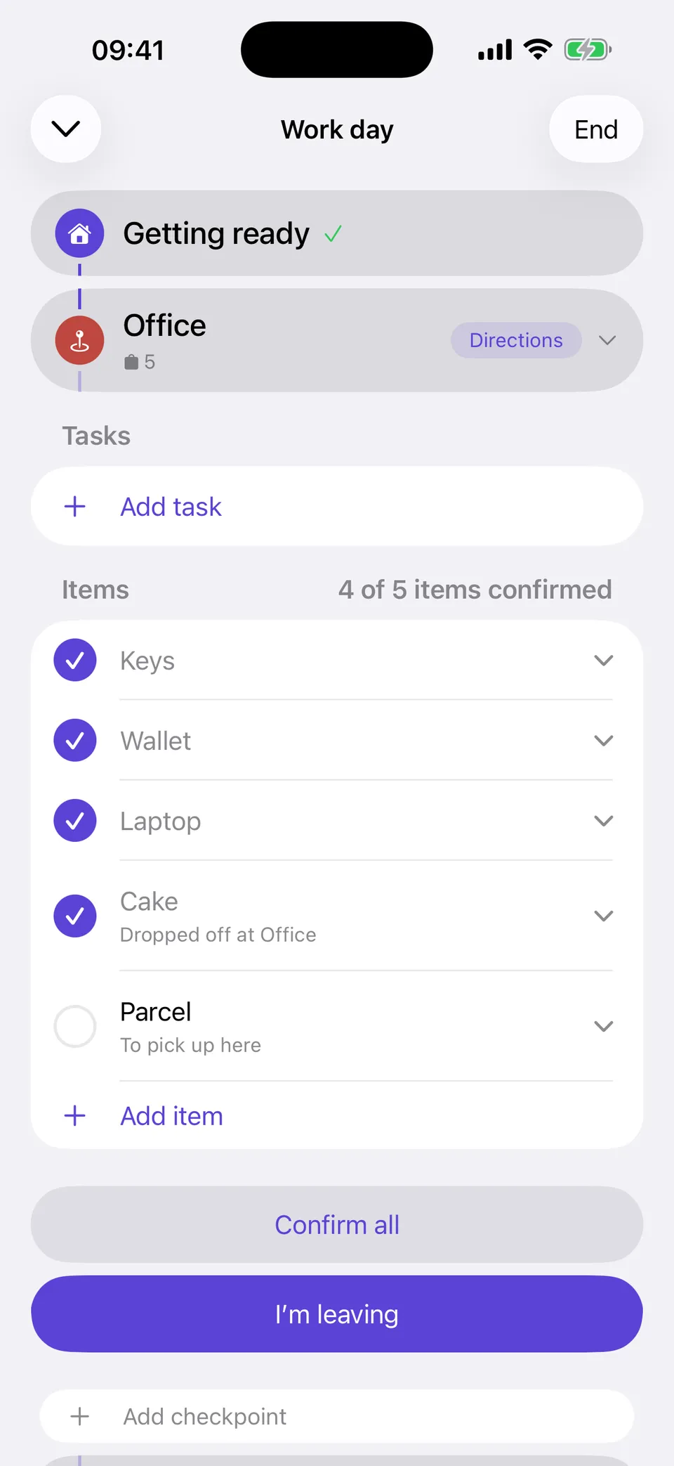 Yoyo on iPhone at the Office before heading home: the items to confirm, the cake to drop off here, and the parcel to pick up.