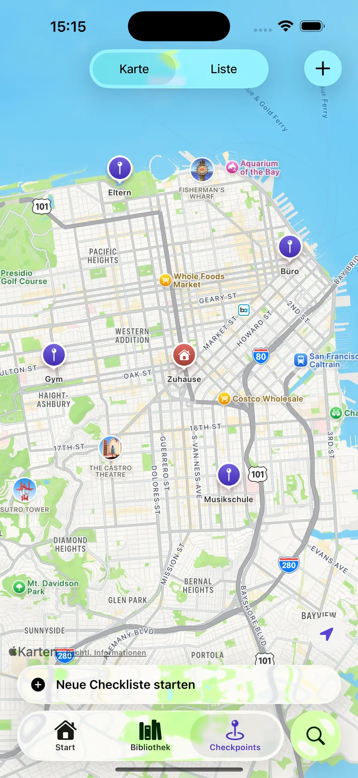 Yoyo auf dem iPhone mit gesicherten Checkpoints auf einer Karte.