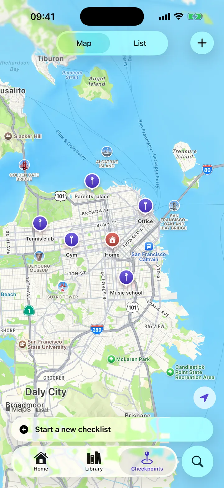 Yoyo on iPhone showing saved checkpoints on a map.