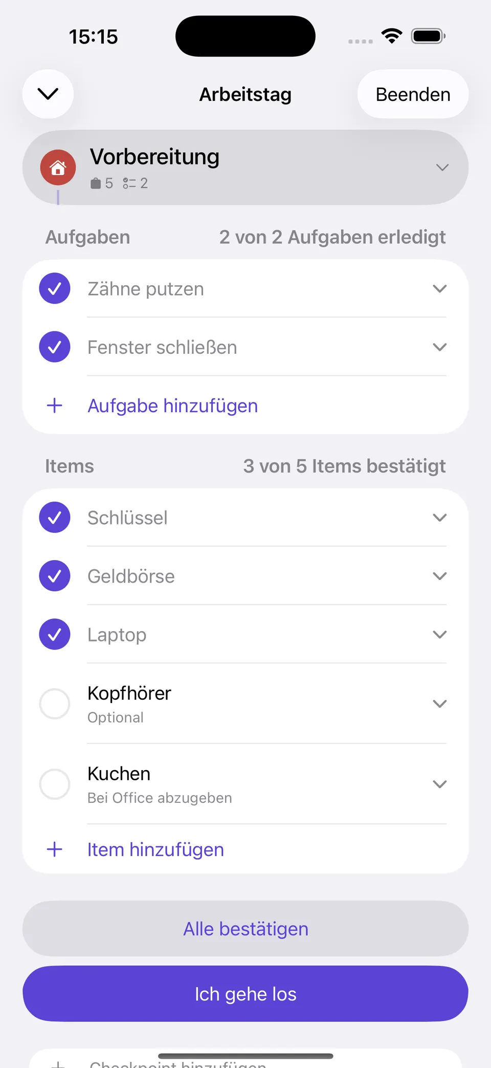 Yoyo auf dem iPhone in der Vorbereitung: die Checkliste „Arbeitstag“ mit dem, was vor dem Gehen zu erledigen ist, und dem, was eingepackt werden soll, einiges davon schon bestätigt.