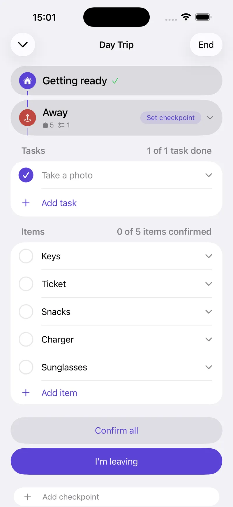 Yoyo on iPhone partway through a Day Trip: Getting ready is done, the Away stop is open with its one task ticked, and five items are still to confirm before leaving: Keys, Ticket, Snacks, Charger and Sunglasses.