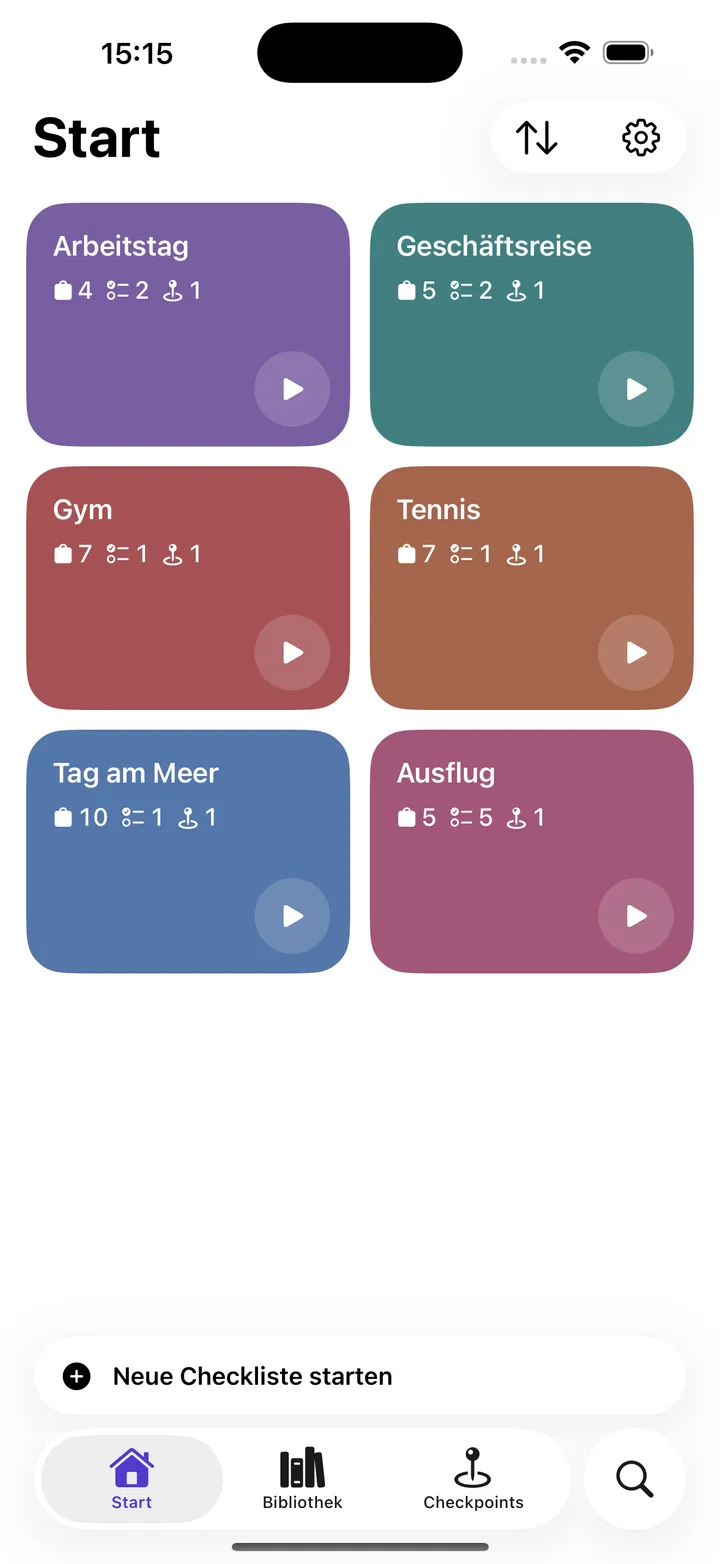 Yoyo auf dem iPhone mit gesicherten Checklisten: Arbeitstag, Geschäftsreise, Gym, Tennis, Tag am Meer und Ausflug.