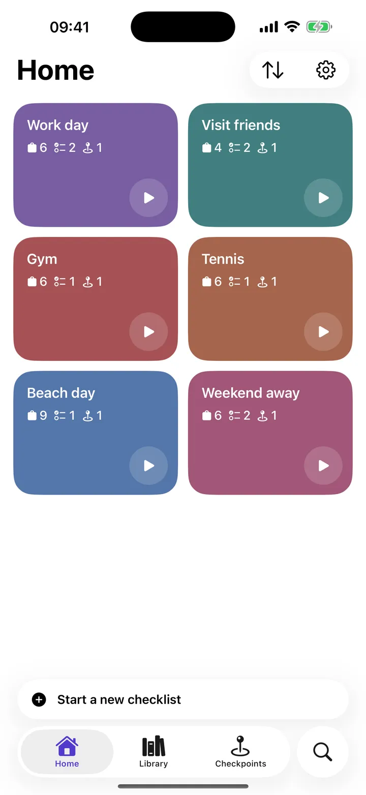 Yoyo on iPhone showing saved checklists: Work day, Gym, Tennis, Beach day, Visit friends and Weekend away.
