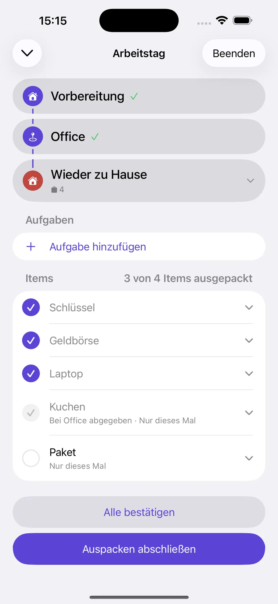 Yoyo auf dem iPhone wieder zu Hause am Ende des Durchlaufs: die Items werden weggeräumt, und was nicht zurückgekommen ist, wird festgehalten.
