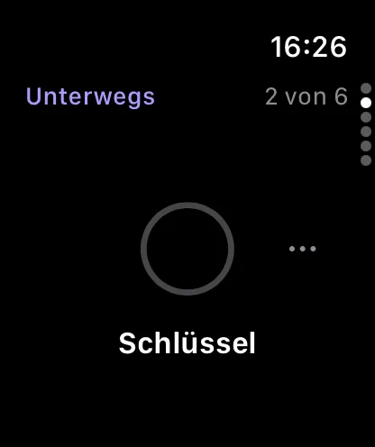 Yoyo auf der Apple Watch beim Halt Unterwegs, ein Item pro Seite: Schlüssel, noch nicht bestätigt, Seite zwei von sechs.