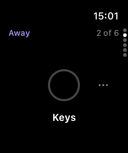 Yoyo on Apple Watch at the Away stop, one item to a page: Keys, not yet confirmed, second of six.